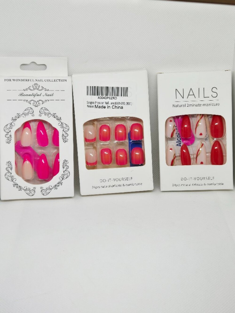 3 BOXES NATURAL PRESS ON NAILS HOT PINK, PINK OMBRE & RED HEART NIB 72 TOTAL